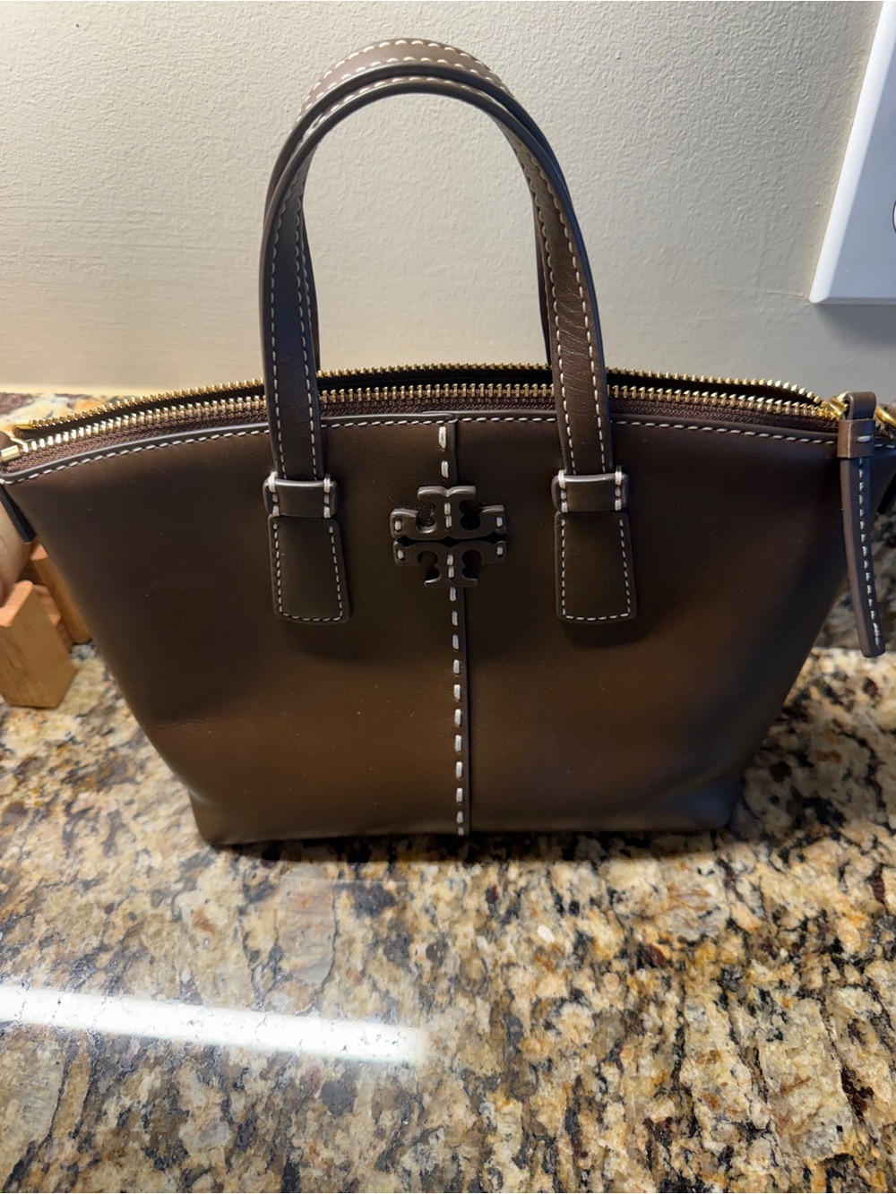 Tory Burch Dark Brown Leather Top-Handle Satchel with White Stitching